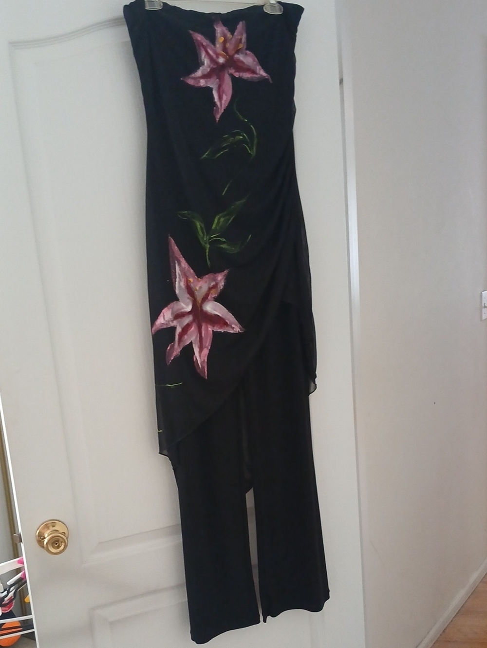 Newport News Black Strapless Jumpsuit with Pink Floral Design